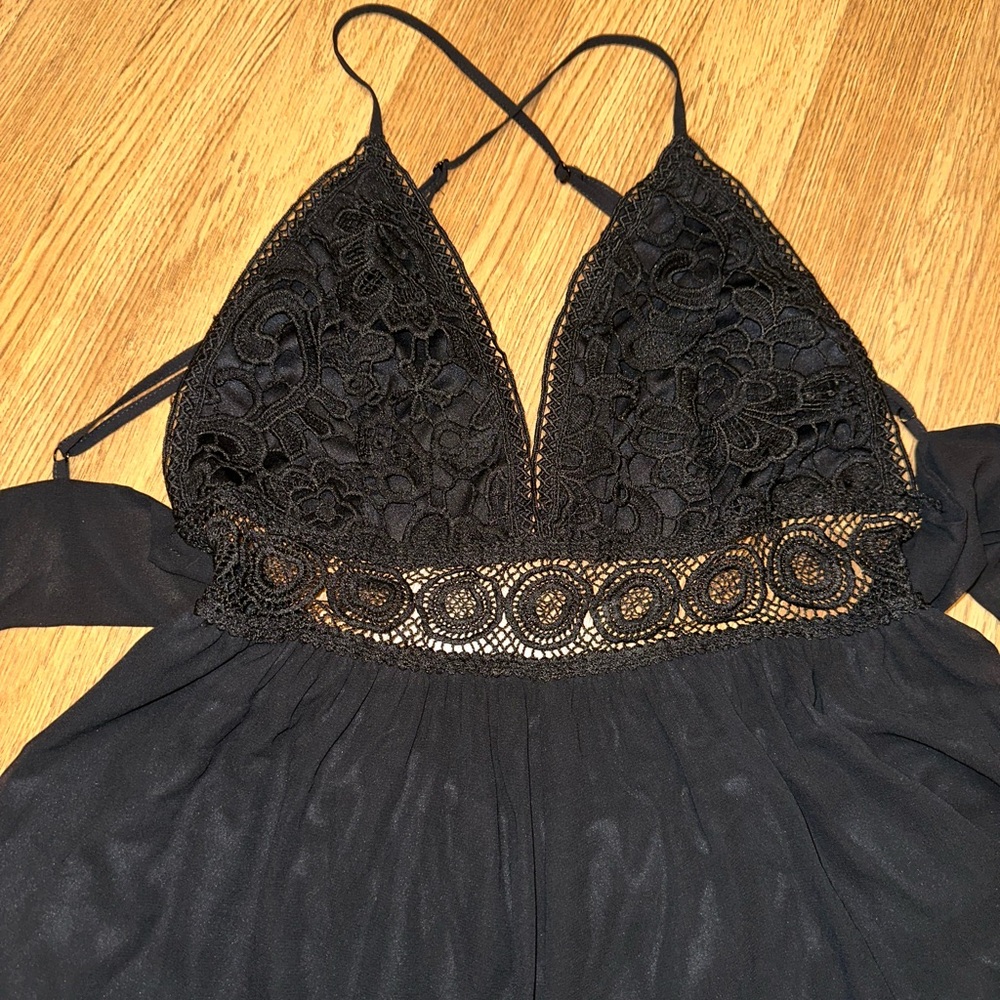 Miss Avenue Black Lace Chemise with Ornate Waistband Romper Skort - Picture 3 of 7